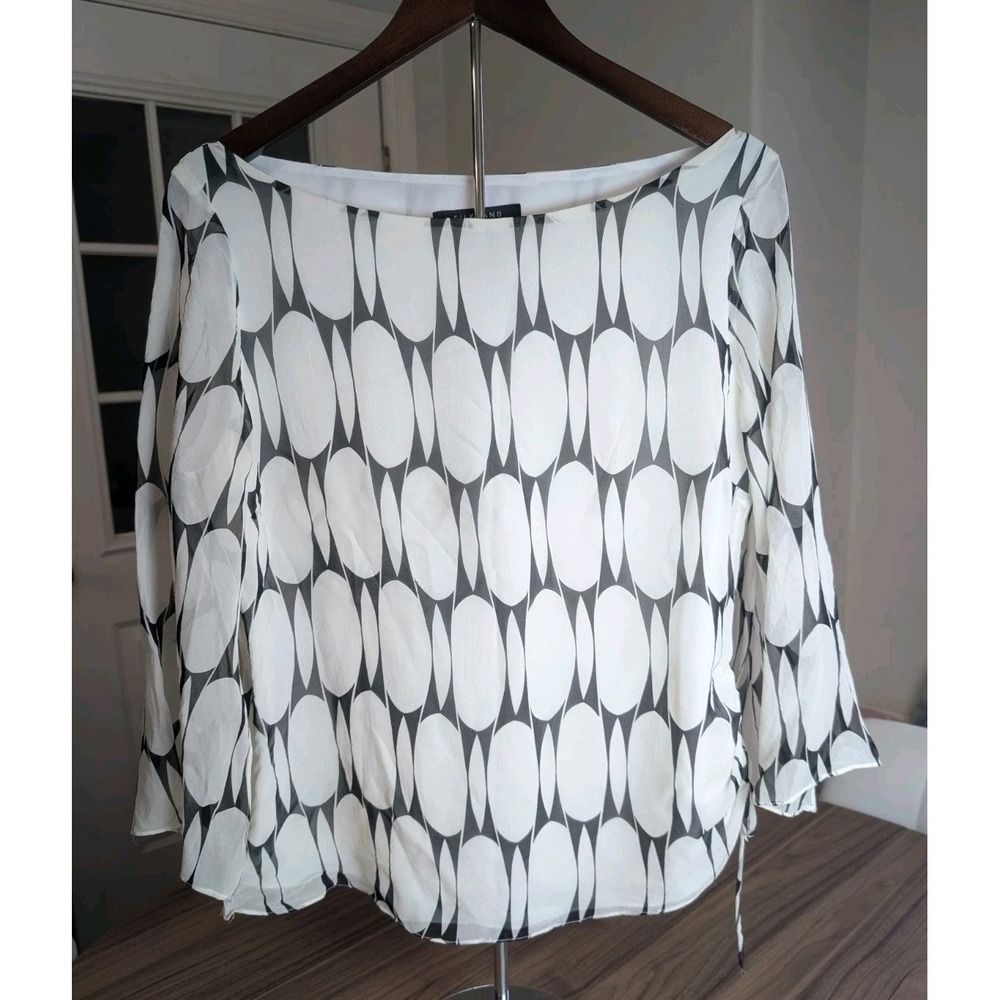 Silkland Geometric Print Chiffon Blouse Women's Large 3/4 Sleeve Side Tie Top 10